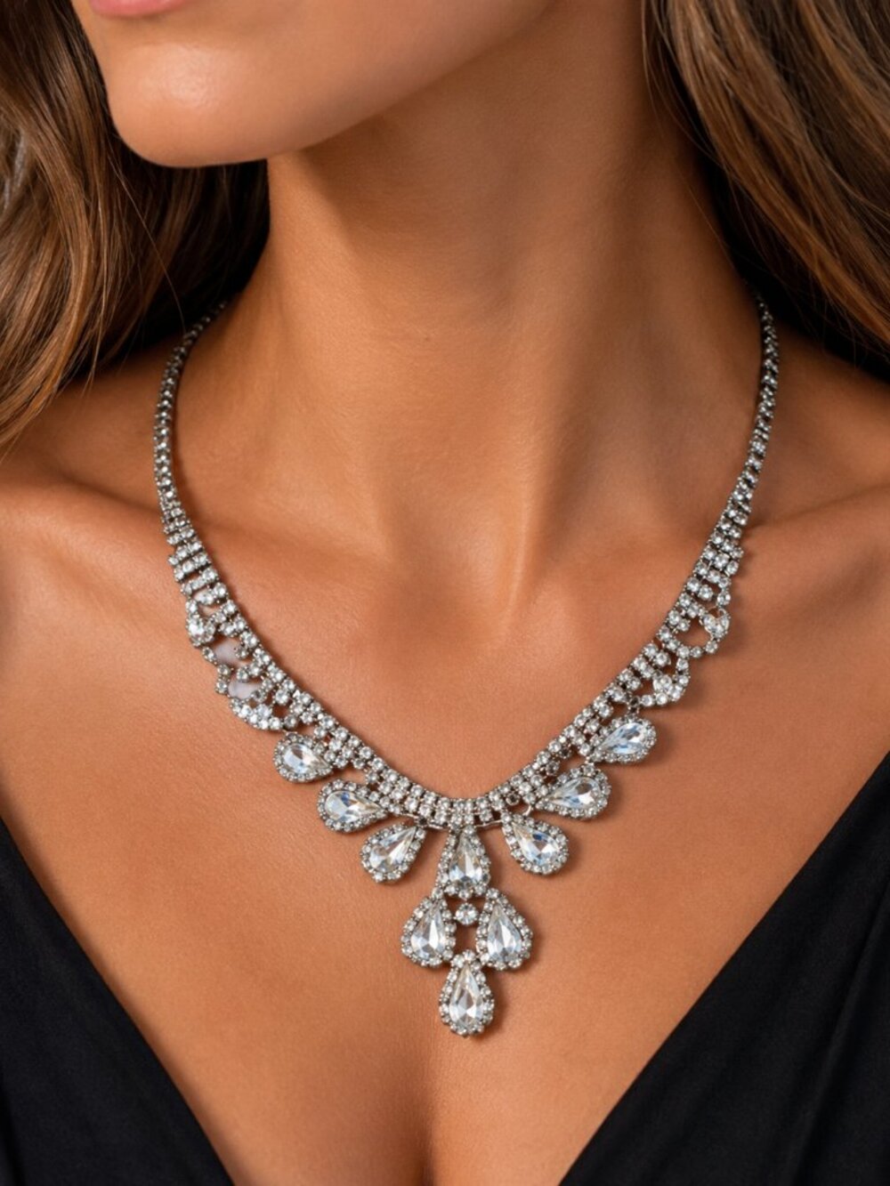 Vintage Style Silver Tone Teardrop Rhinestone Bib Necklace Jewelry Prom, Hoco,